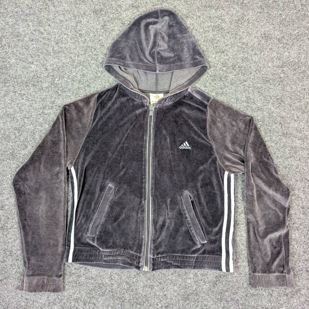 Adidas Vintage 2003 Velour Full Zip Up Hoodie Retro Charcoal Gray Mens Medium